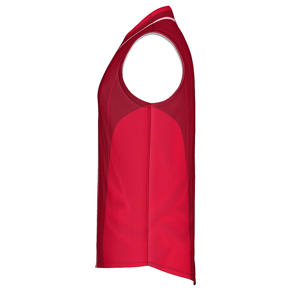 Red sleeveless shirt with pinstripe design on a white background