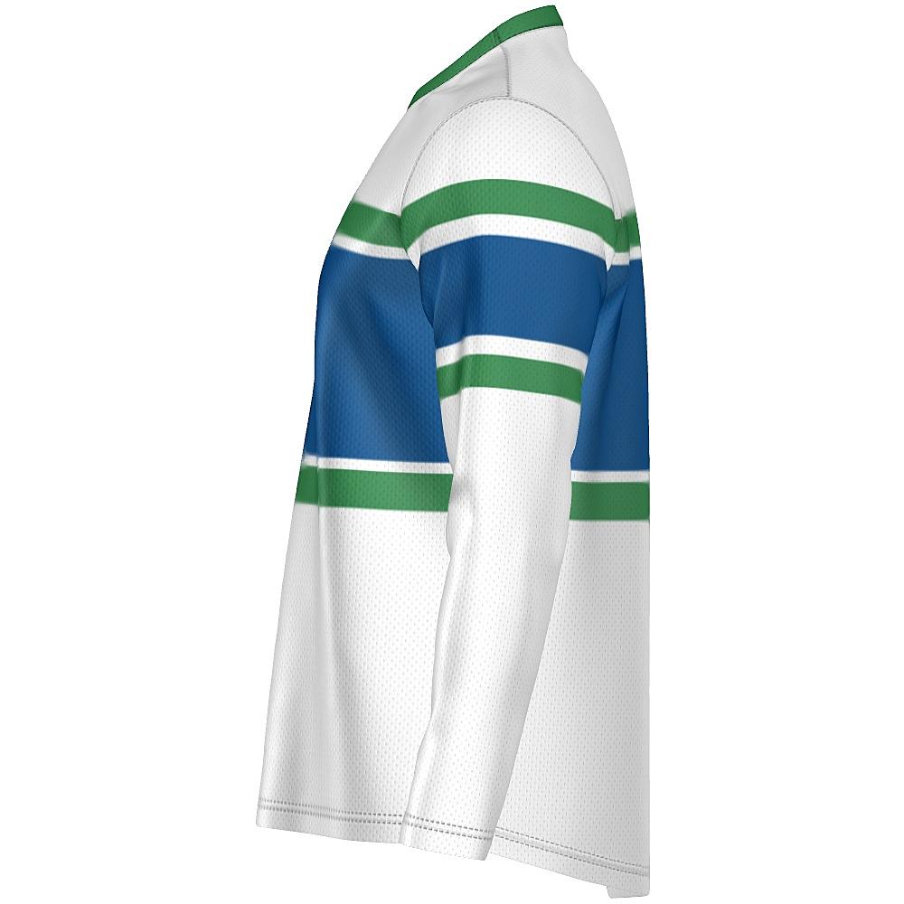 White, blue and green long-sleeve shirt on a white background