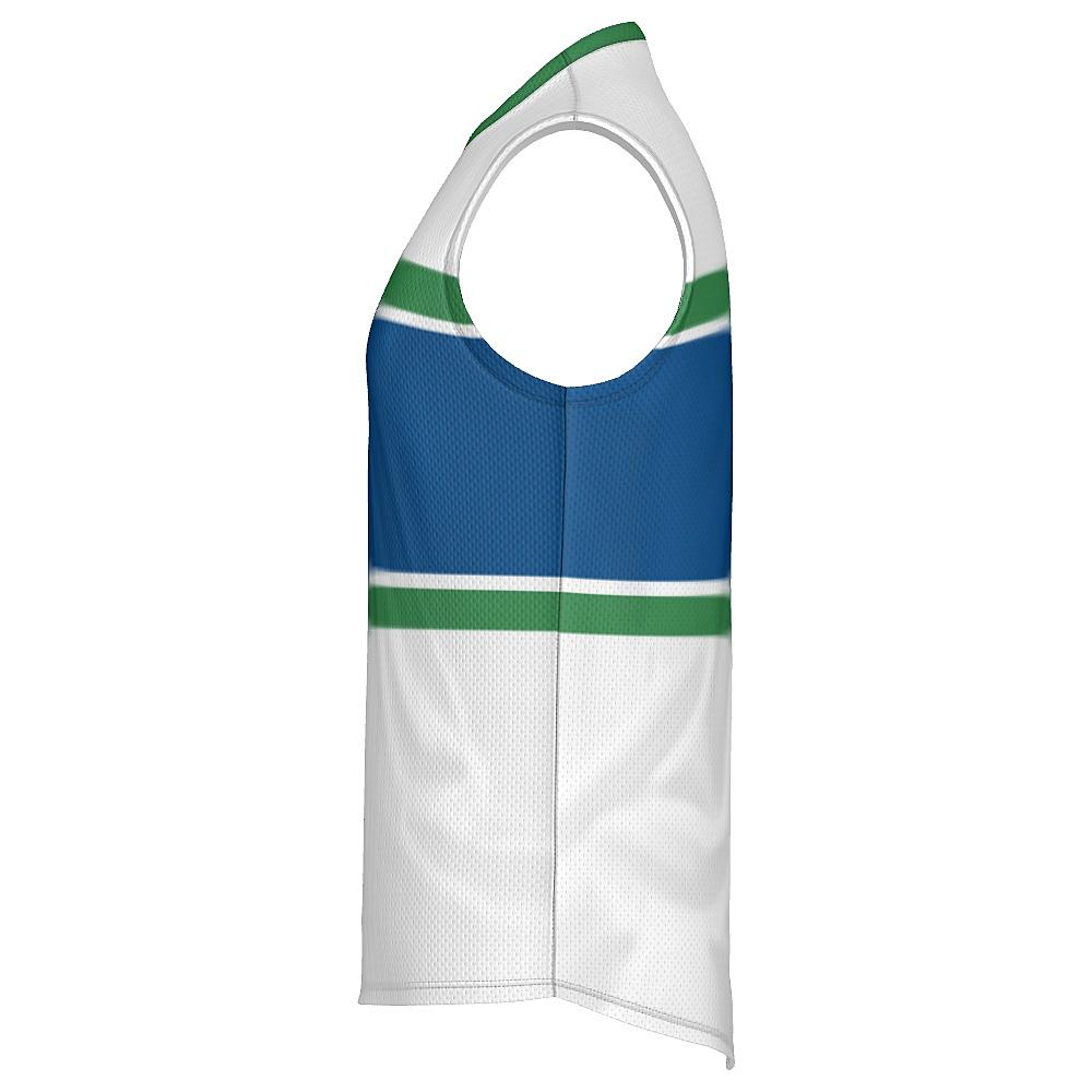 White, blue and green sleeveless shirt on a white background