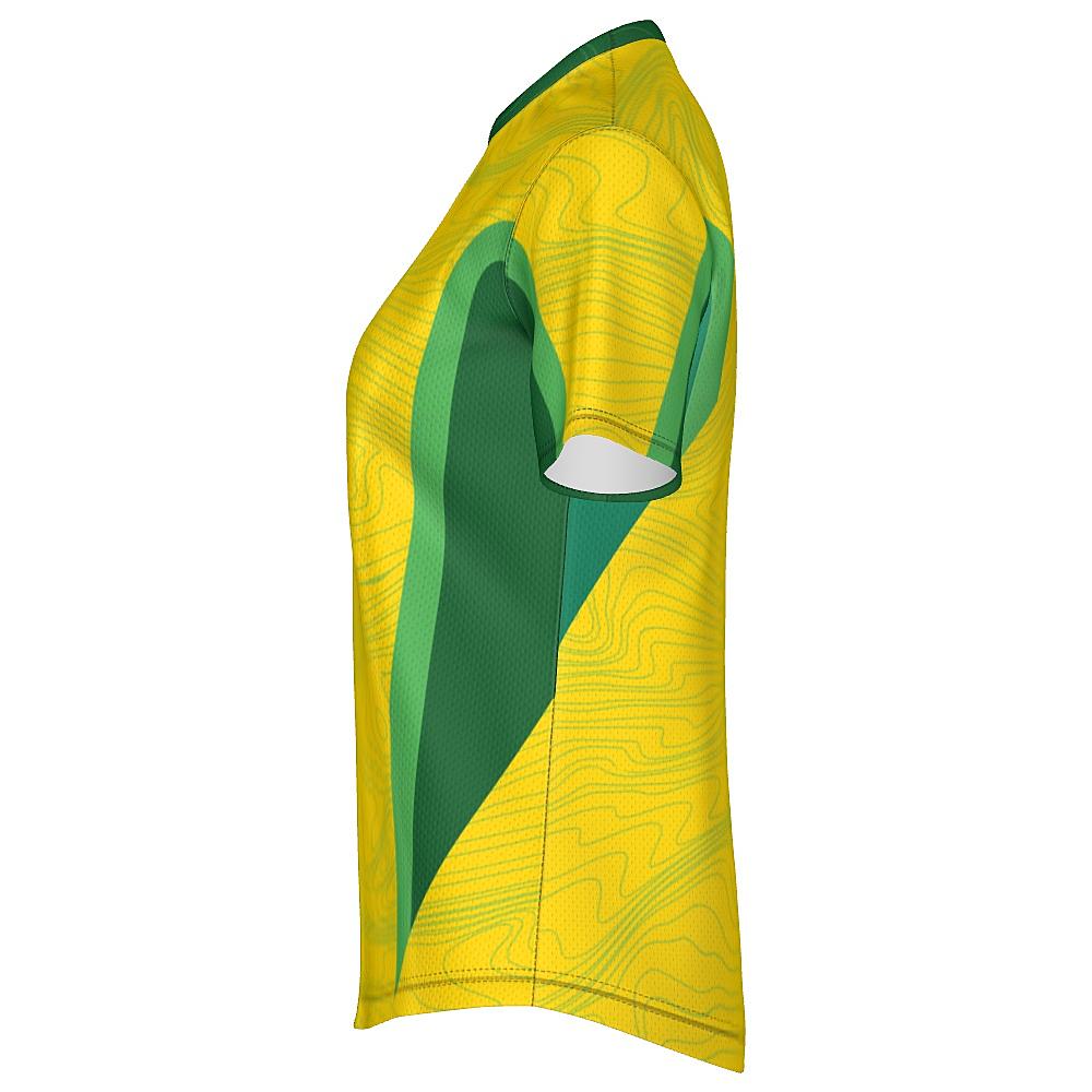 Yellow shirt with topography design and green accents on a white background