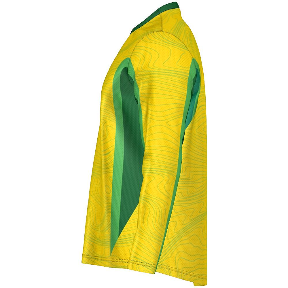 Yellow long-sleeve shirt with topography design and green accents on a white background