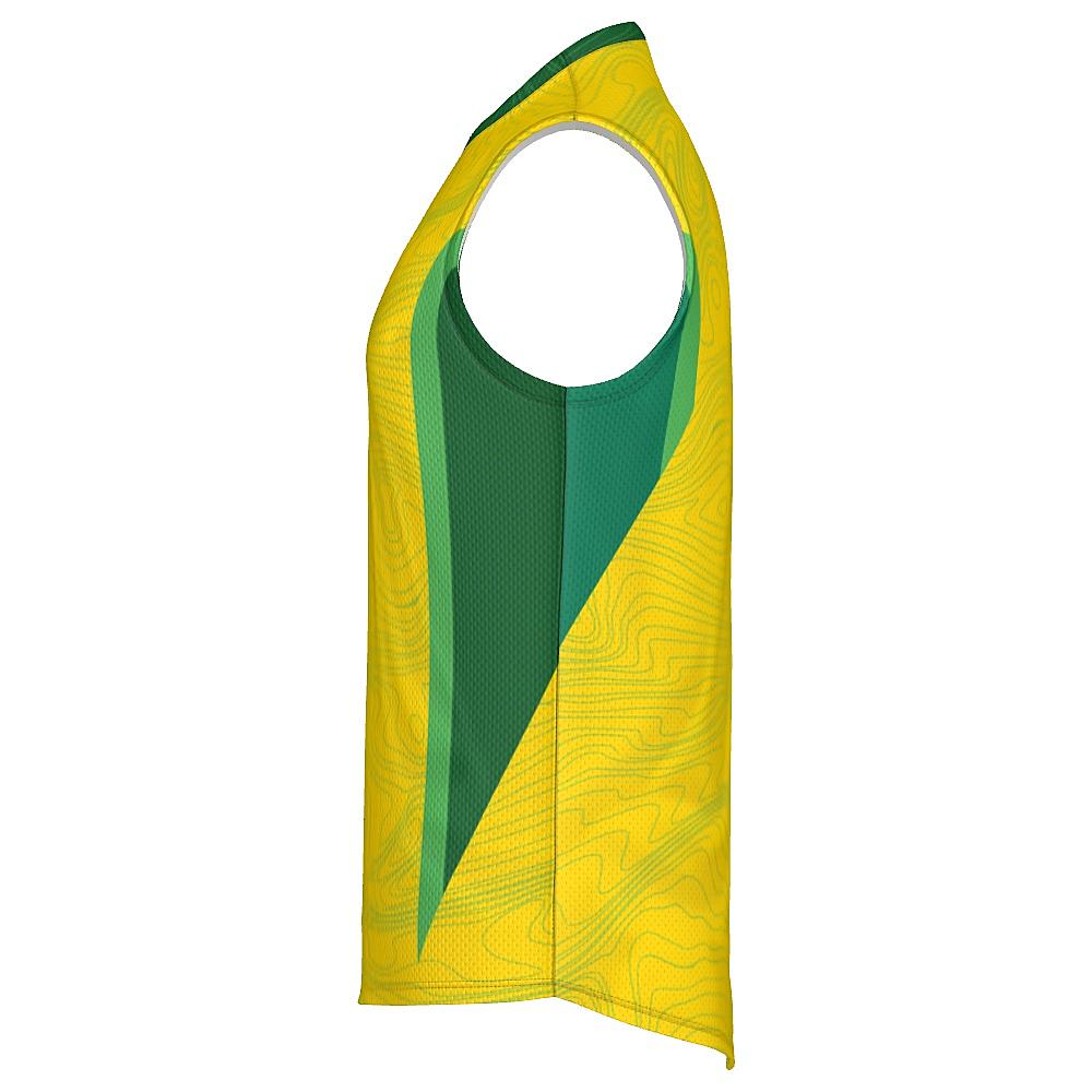 Yellow sleeveless shirt with topography design and green accents on a white background