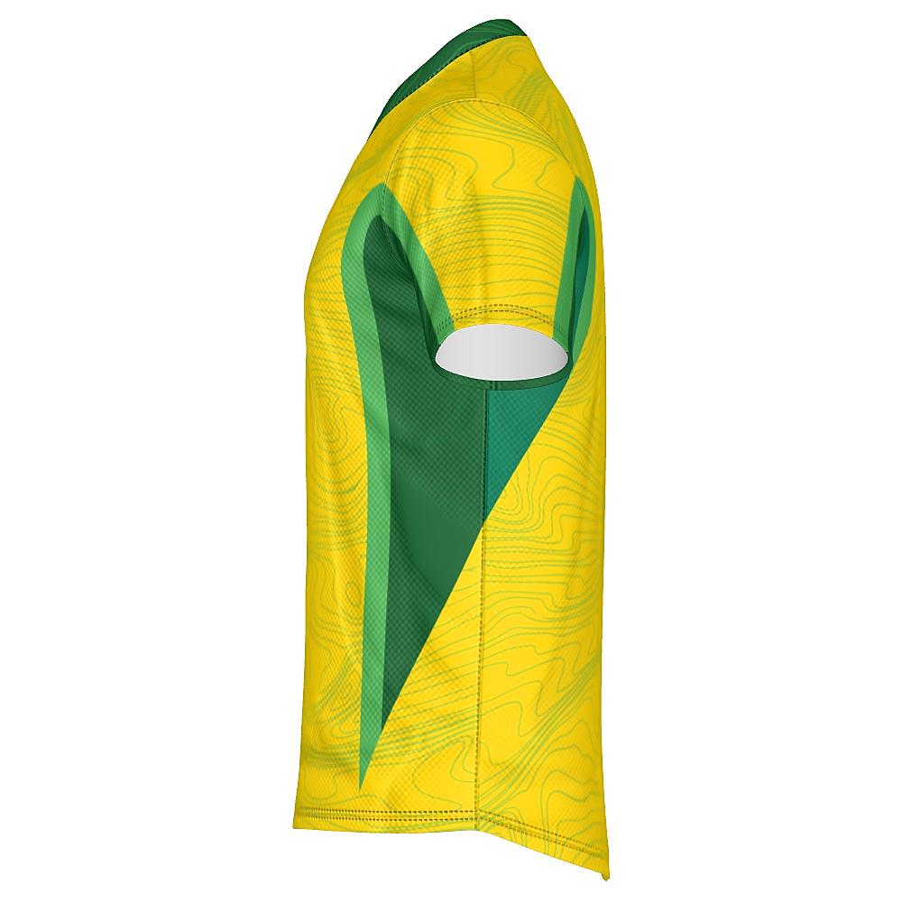 Yellow shirt with topography design and green accents on a white background