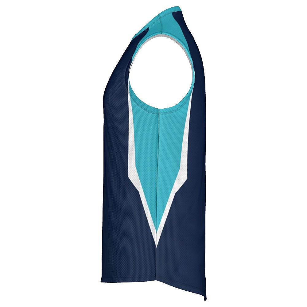 Navy sleeveless shirt with light blue and white accents on a white background