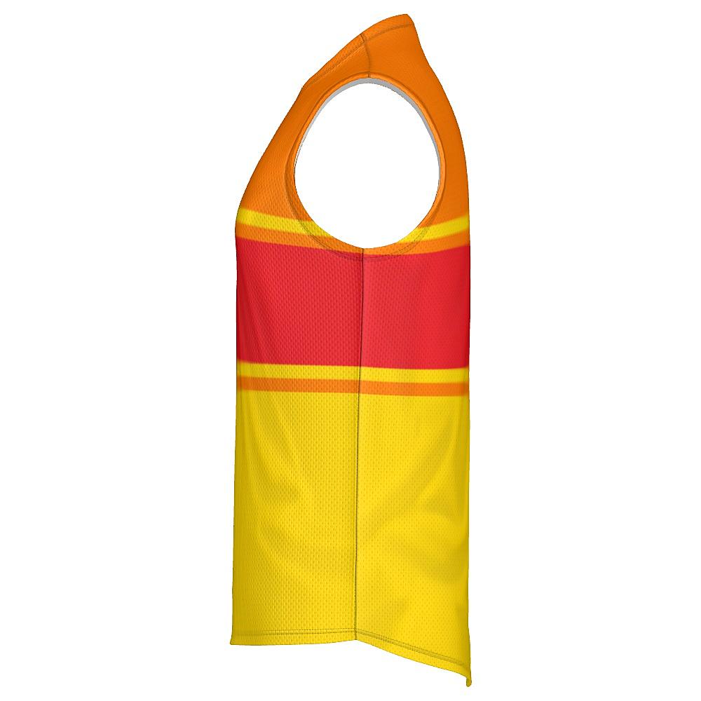 Red, orange and yellow sleeveless shirt on a white background