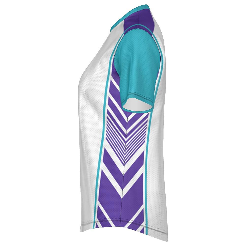 White shirt with teal and purple accents on a white background