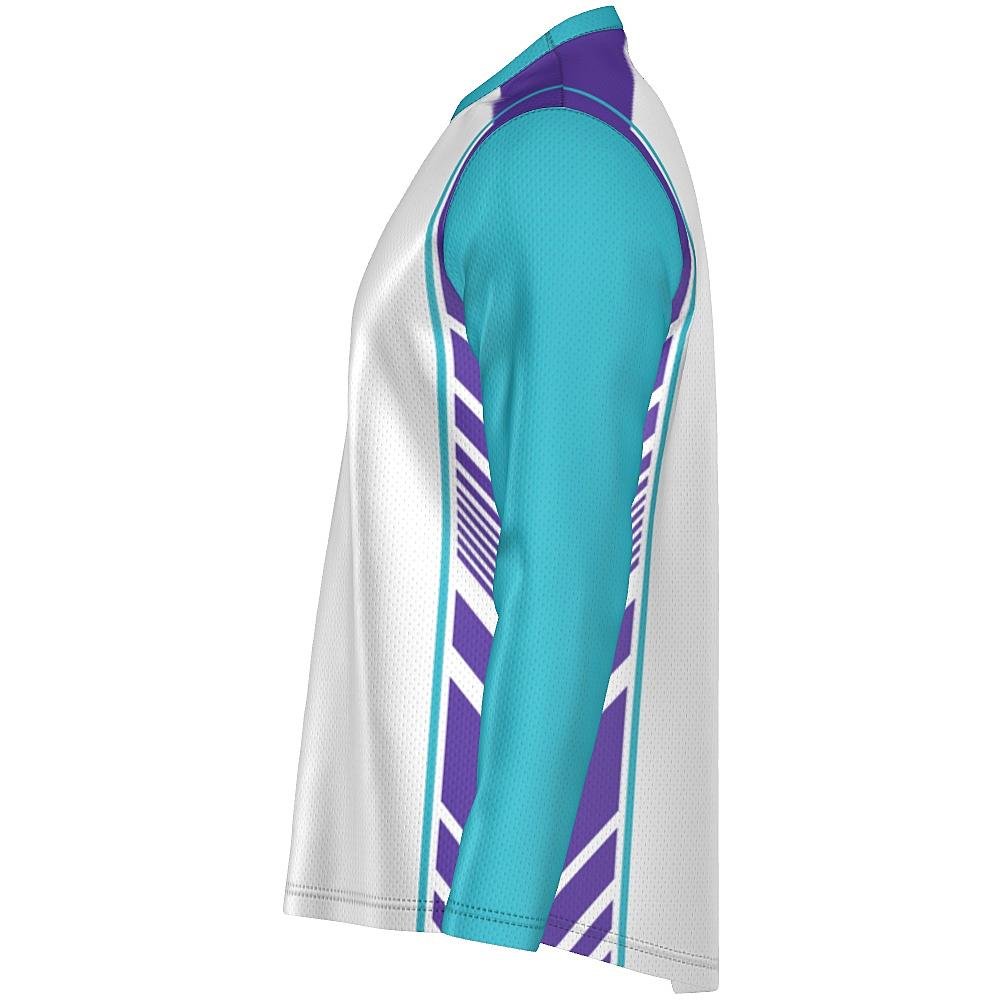 White long-sleeve shirt with teal and purple accents on a white background