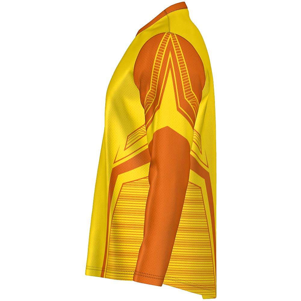 Yellow long-sleeve shirt with orange accents on a white background