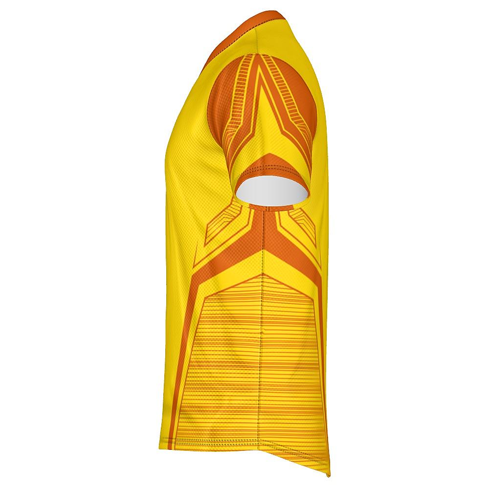 Yellow shirt with orange accents on a white background