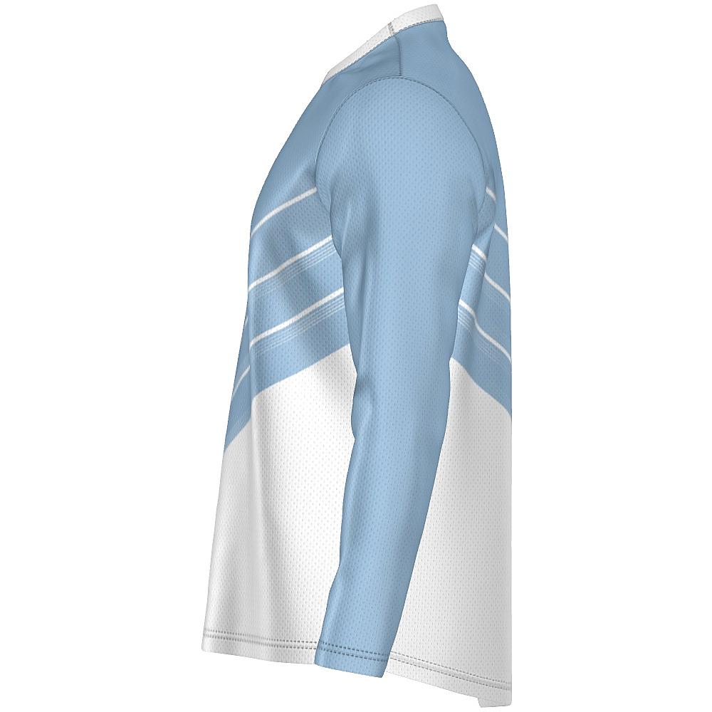 Blue and white long-sleeve shirt with chevron design on a white background