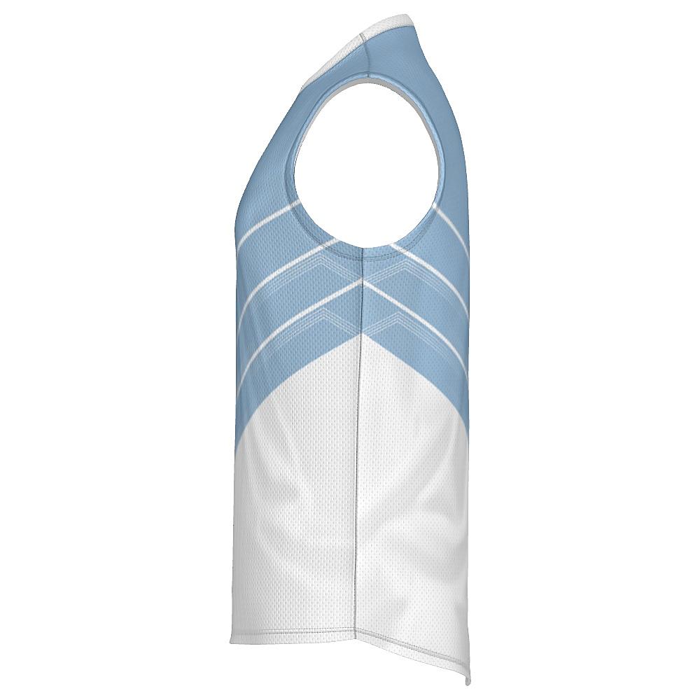 Blue and white sleeveless shirt with chevron design on a white background