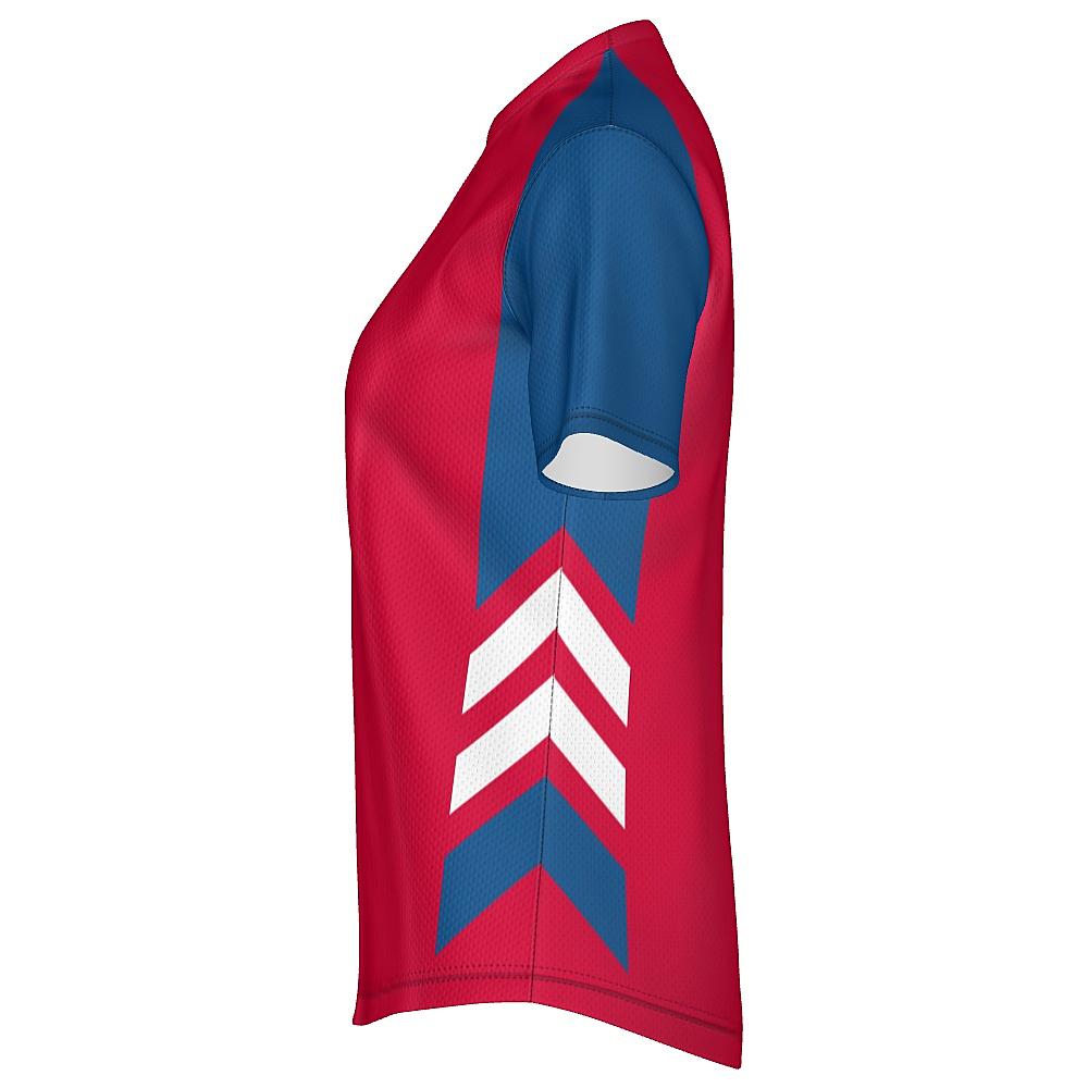 Red shirt with blue and white accents on a white background