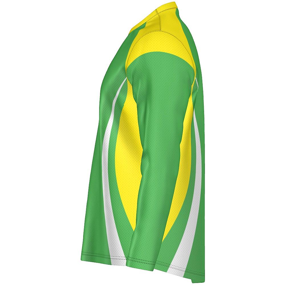 Green long-sleeve shirt with yellow and white accents on a white background