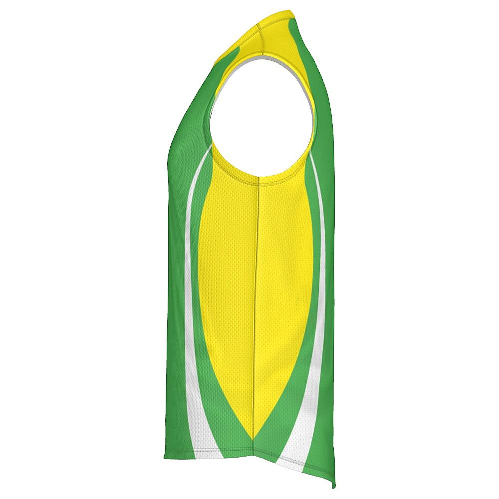 Green sleeveless shirt with yellow and white accents on a white background