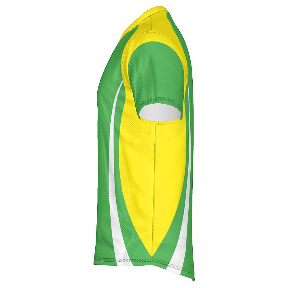 Green shirt with yellow and white accents on a white background
