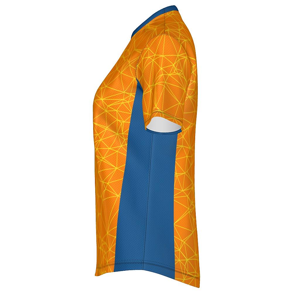Orange shirt with yellow geometric design and blue accents on a white background
