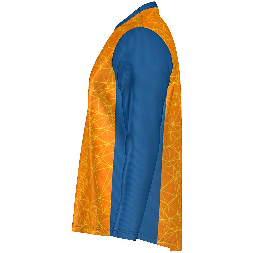 Orange long-sleeve shirt with yellow geometric design and blue accents on a white background