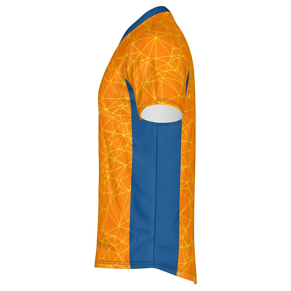 Orange shirt with yellow geometric design and blue accents on a white background