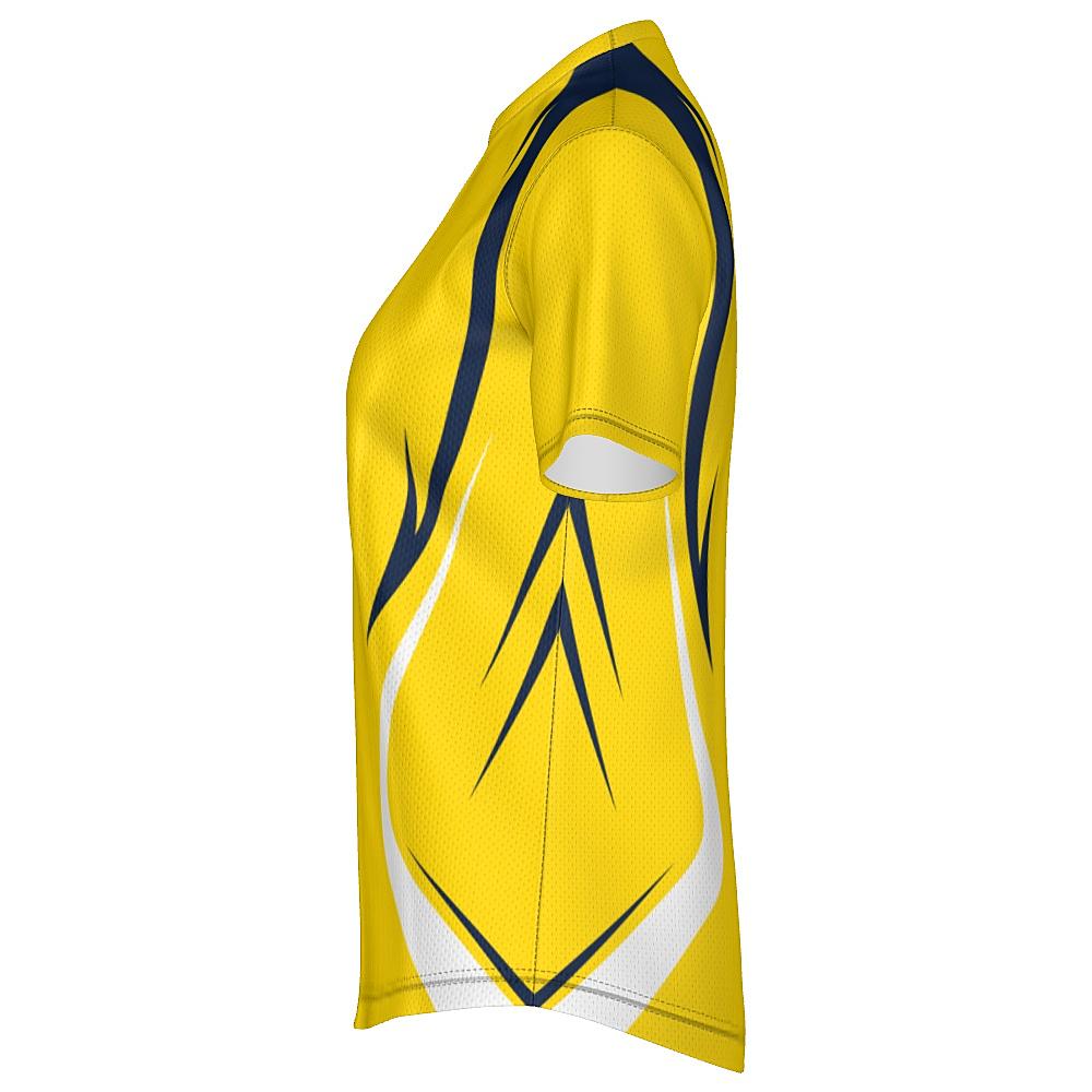 Yellow shirt with navy and white accents on a white background
