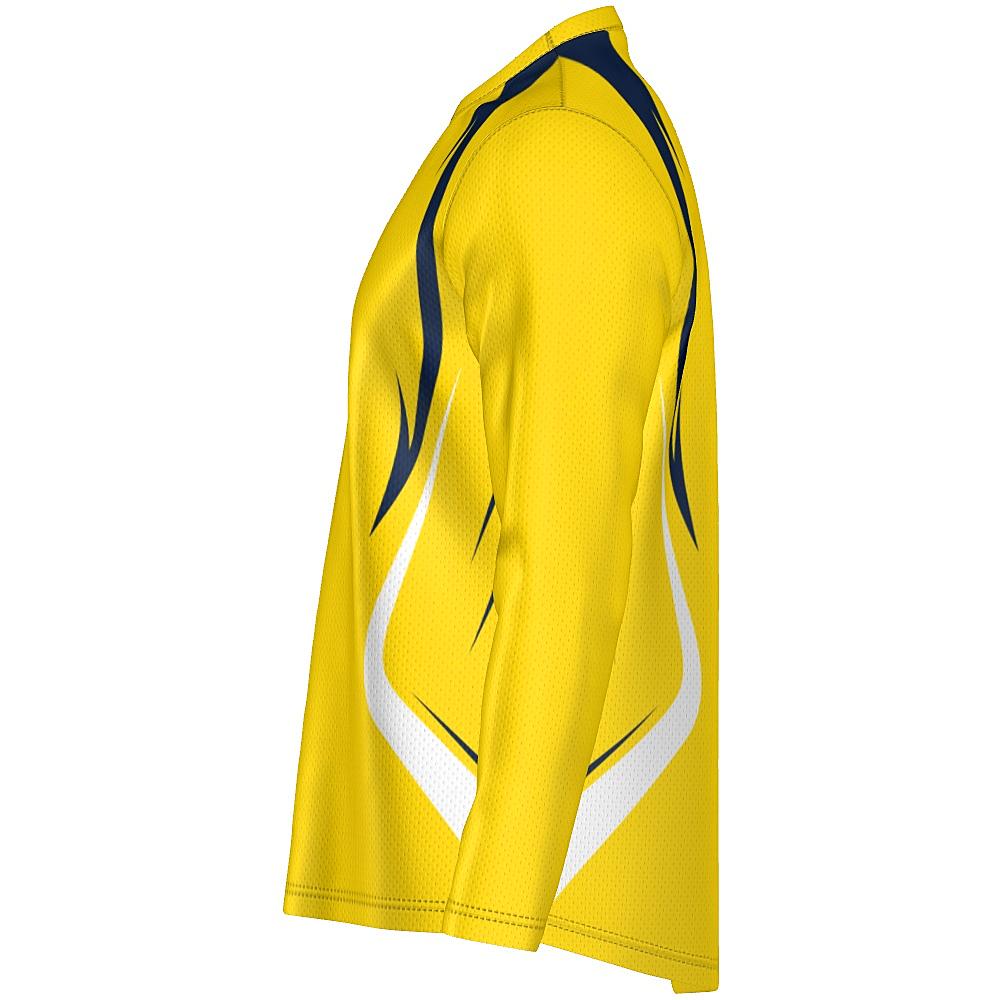 Yellow long-sleeve shirt with navy and white accents on a white background