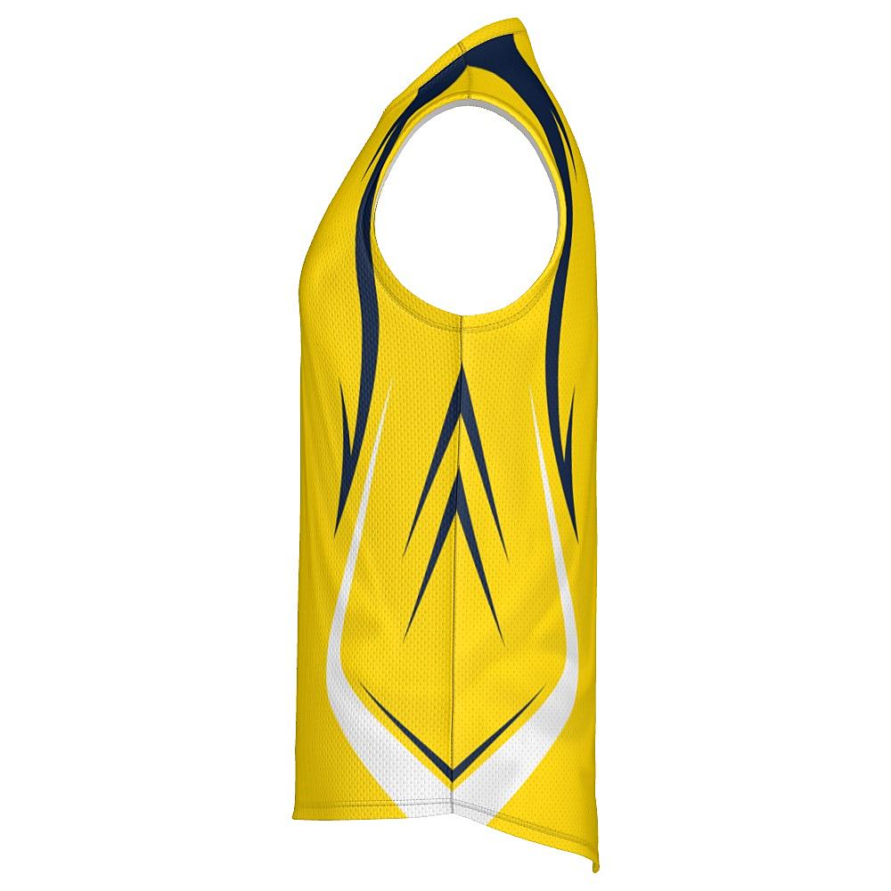 Yellow sleeveless shirt with navy and white accents on a white background