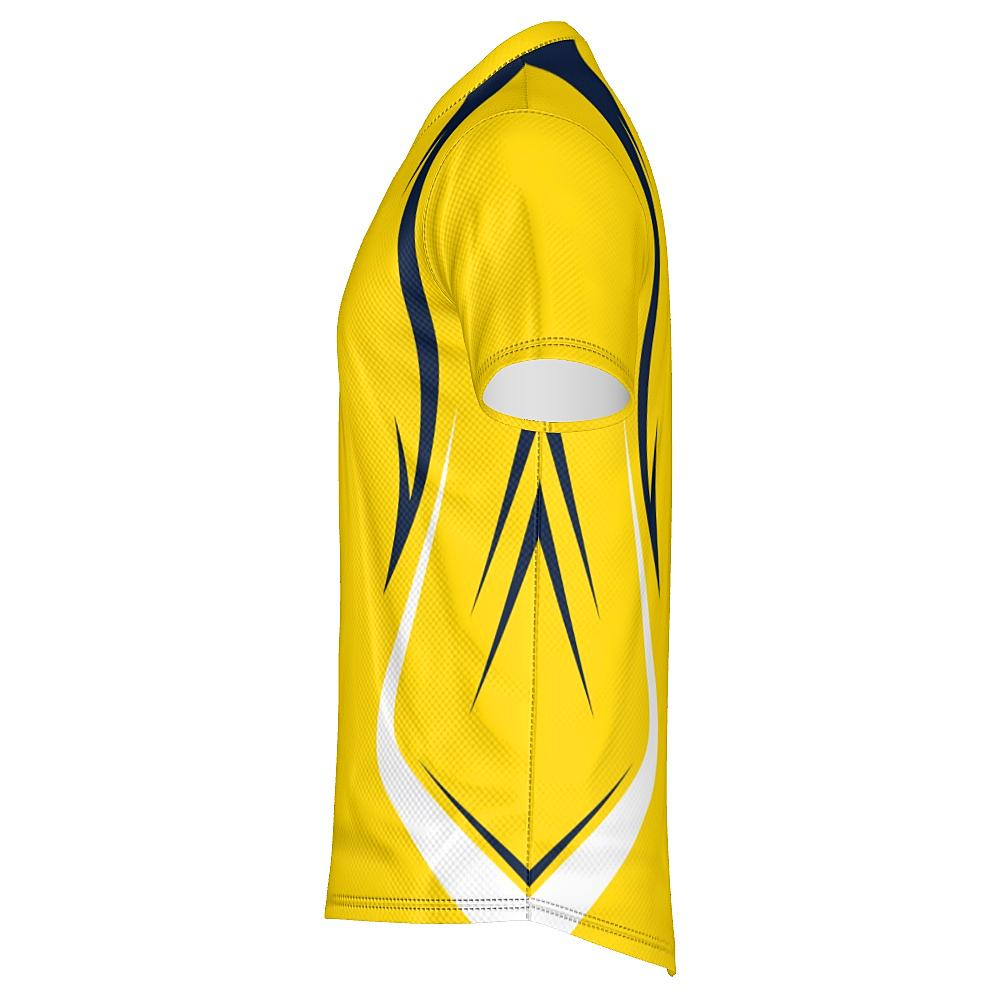 Yellow shirt with navy and white accents on a white background