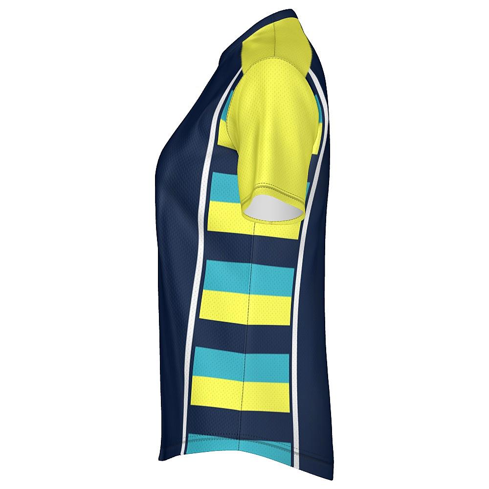 Navy shirt with yellow sleeves and striped side panels on a white background