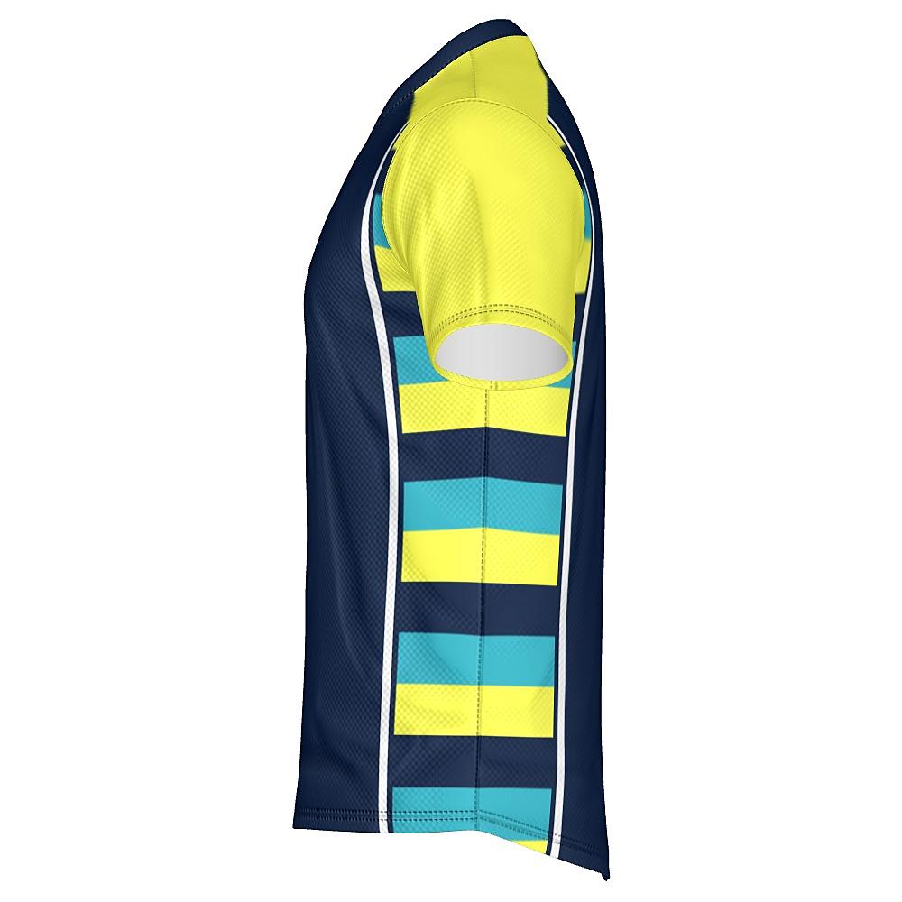 Navy shirt with yellow sleeves and striped side panels on a white background