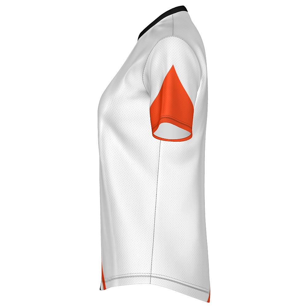 White shirt with black and orange curved stripes on a white background