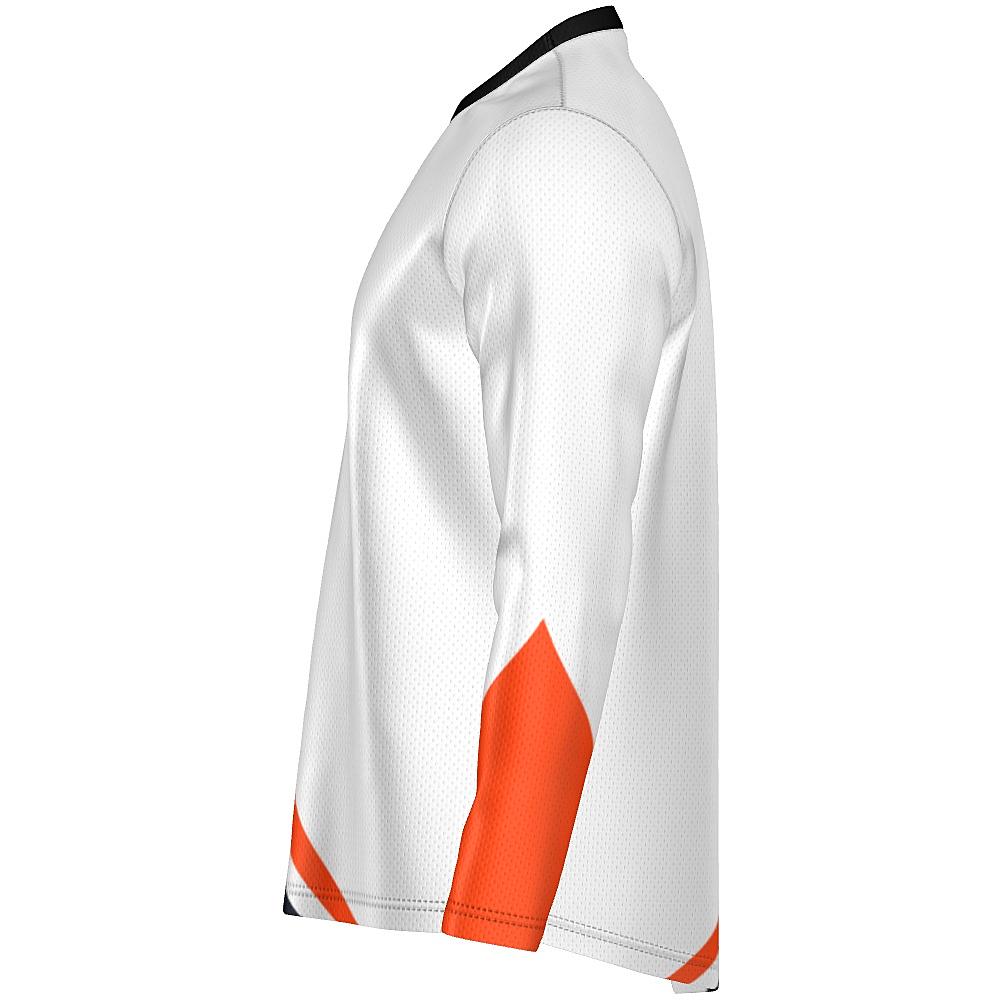 White long-sleeve shirt with black and orange curved stripes on a white background