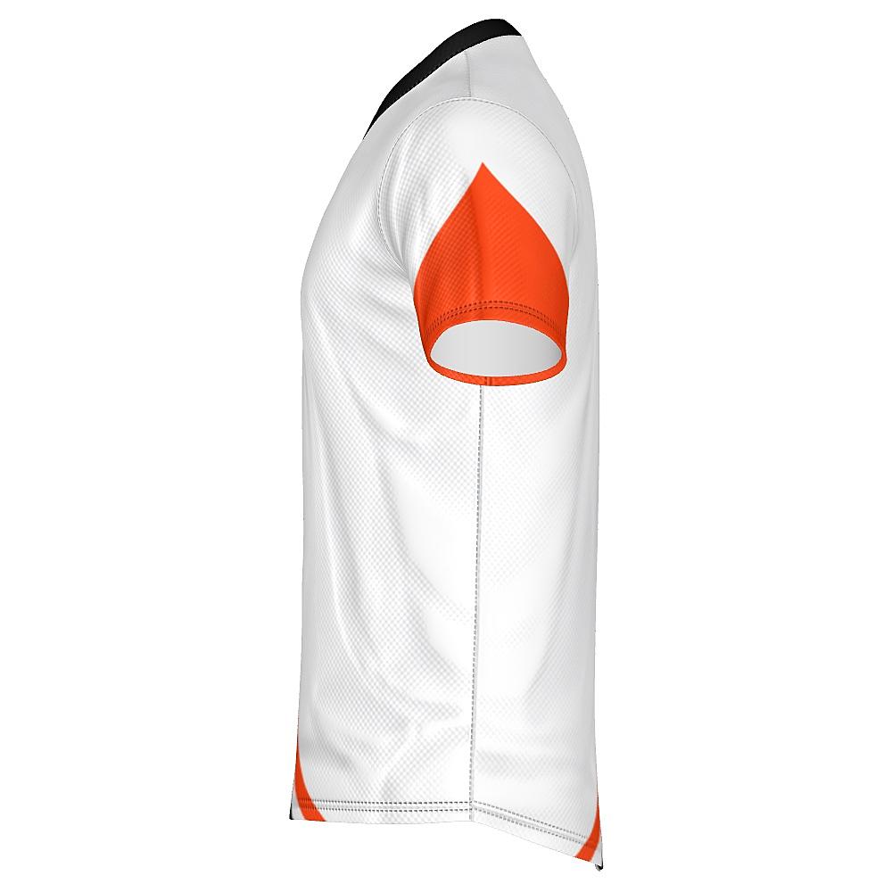 White shirt with black and orange curved stripes on a white background