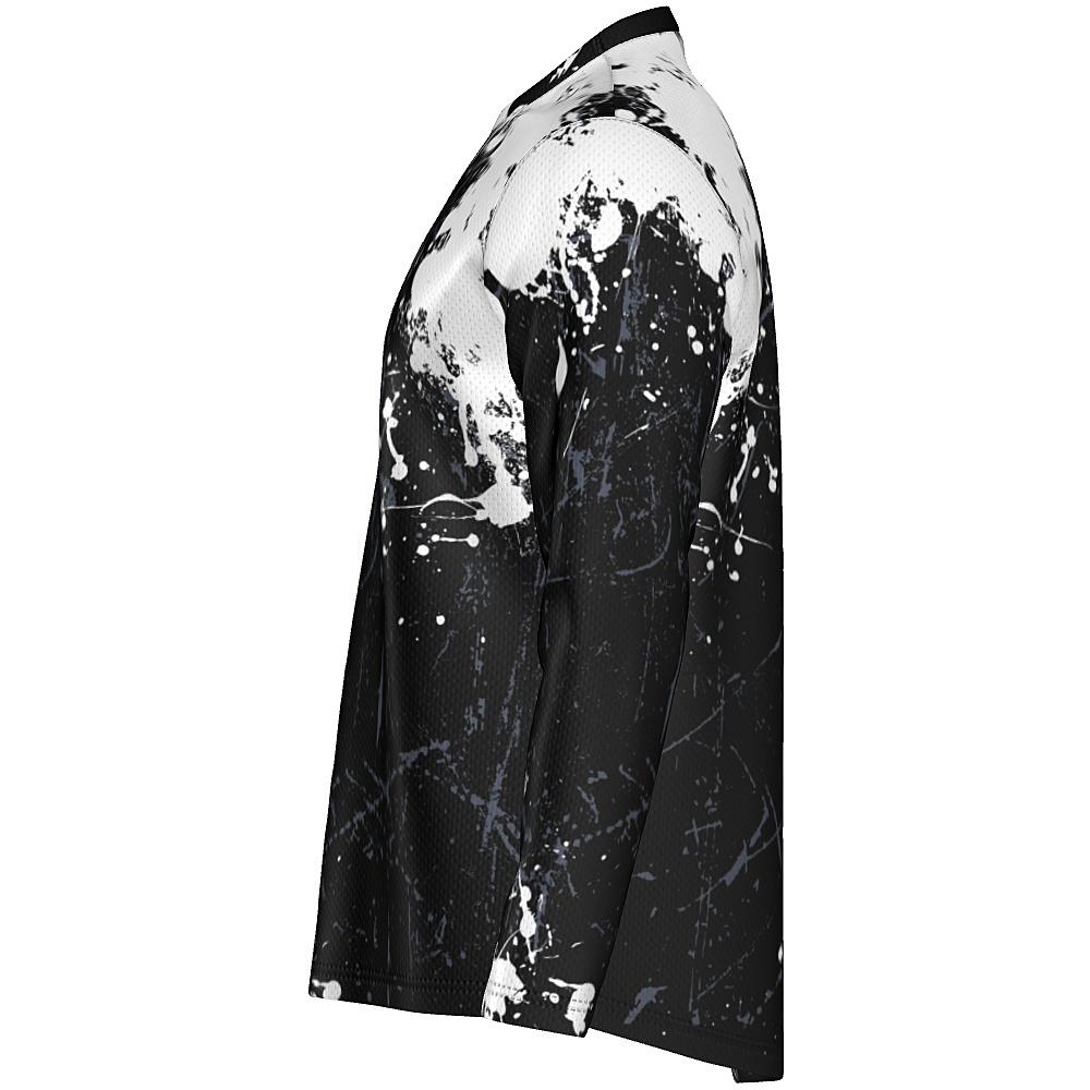 Black long-sleeve shirt with white and grey distressed design on a white background