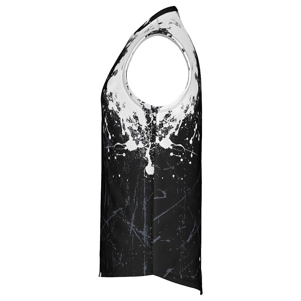 Black sleeveless shirt with white and grey distressed design on a white background