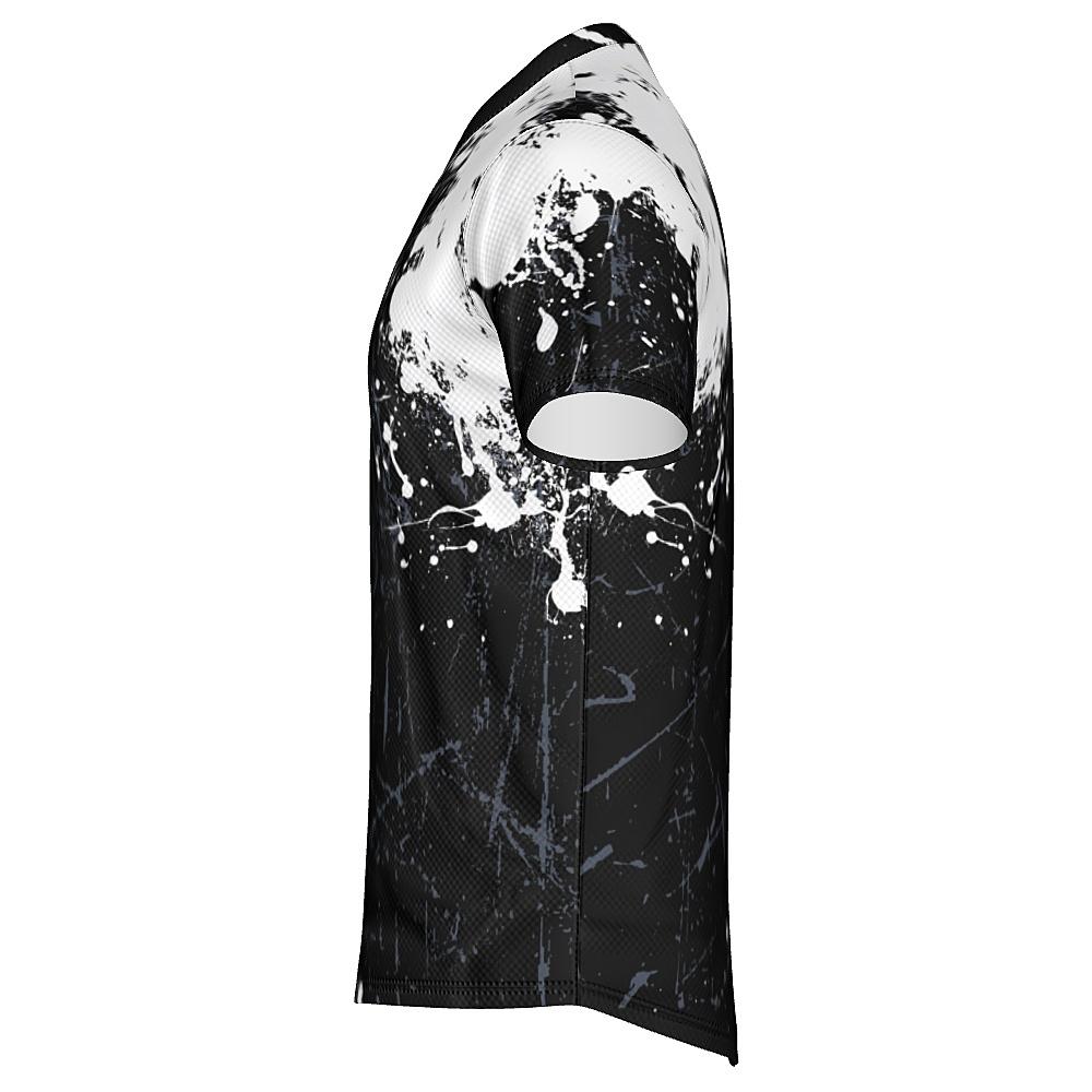 Black shirt with white and grey distressed design on a white background