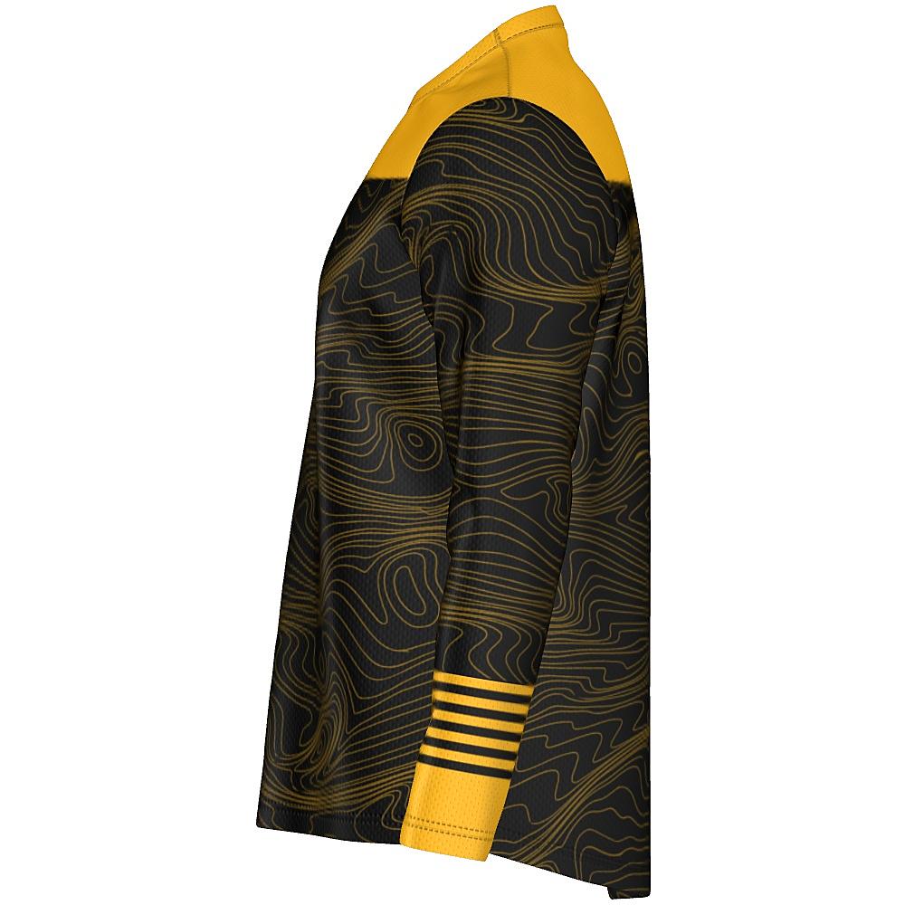 Black long-sleeve shirt with yellow accents and topographic design on a white background