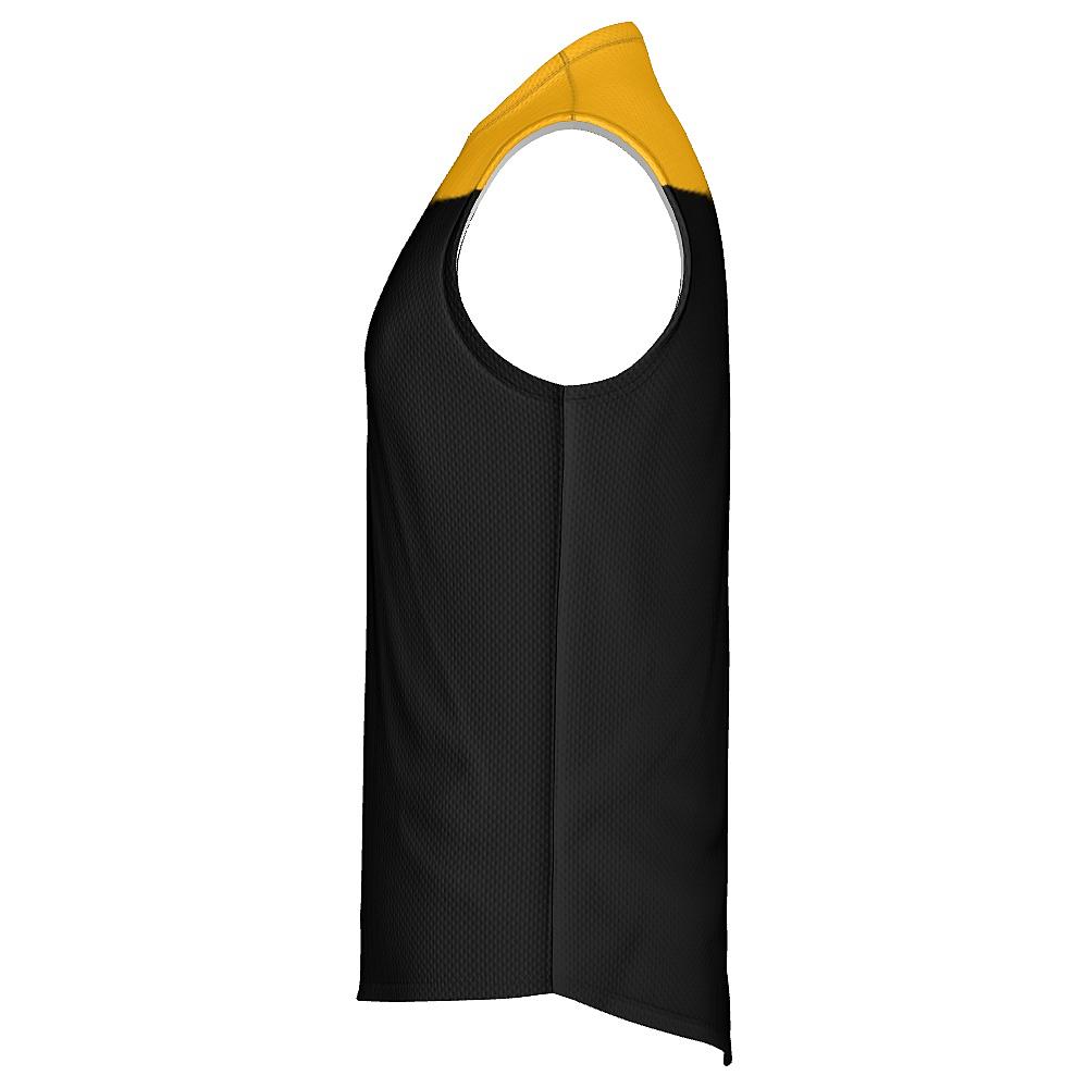 Black sleeveless shirt with yellow shoulders on a white background