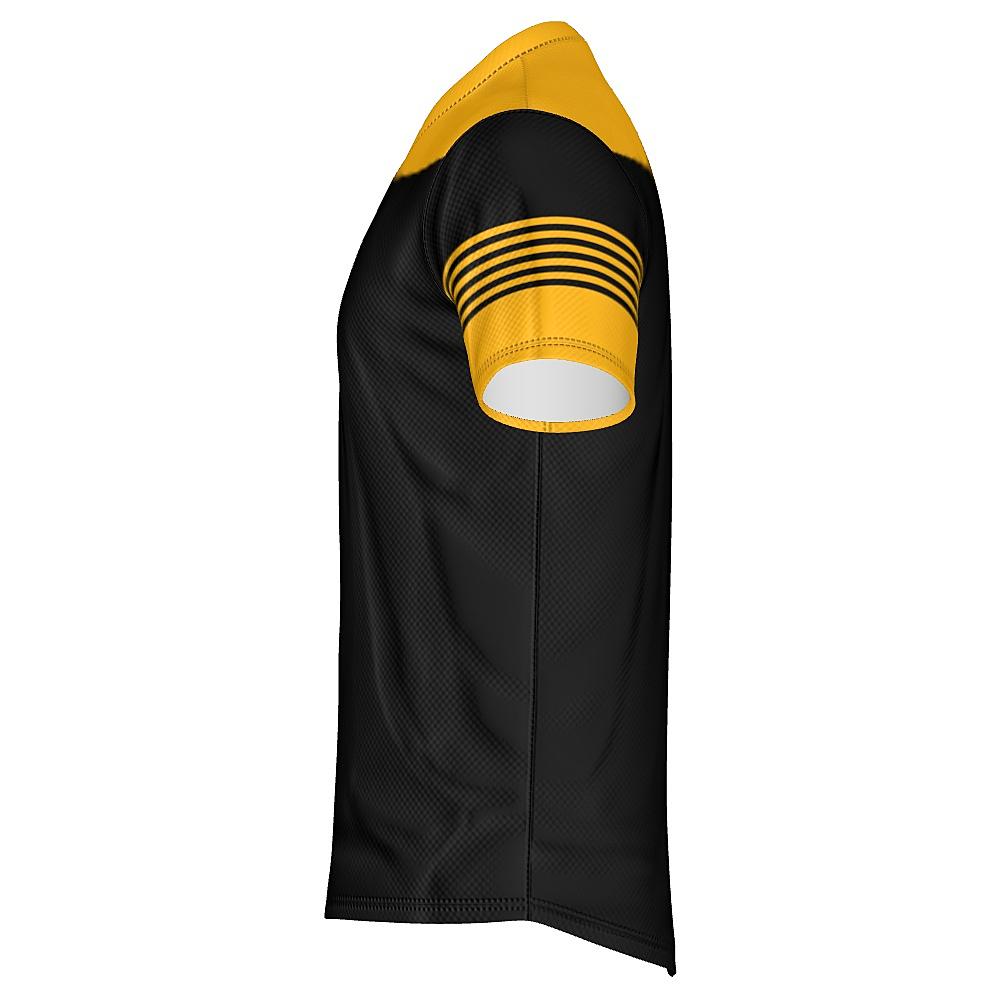 Black shirt with yellow accents on a white background
