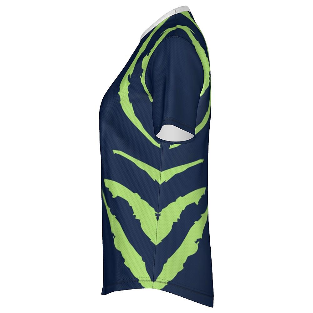 Blue shirt with green accents on a white background