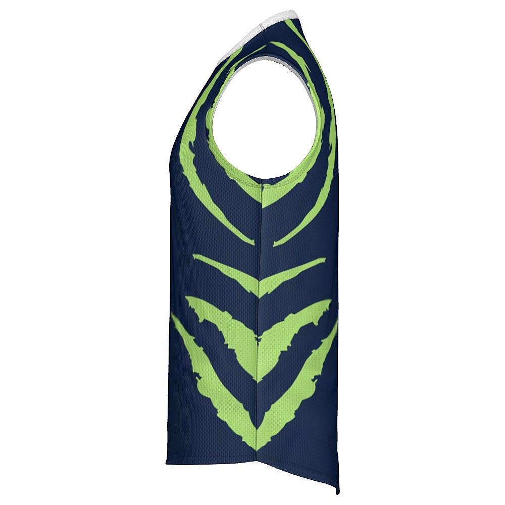 Blue sleeveless shirt with green accents on a white background