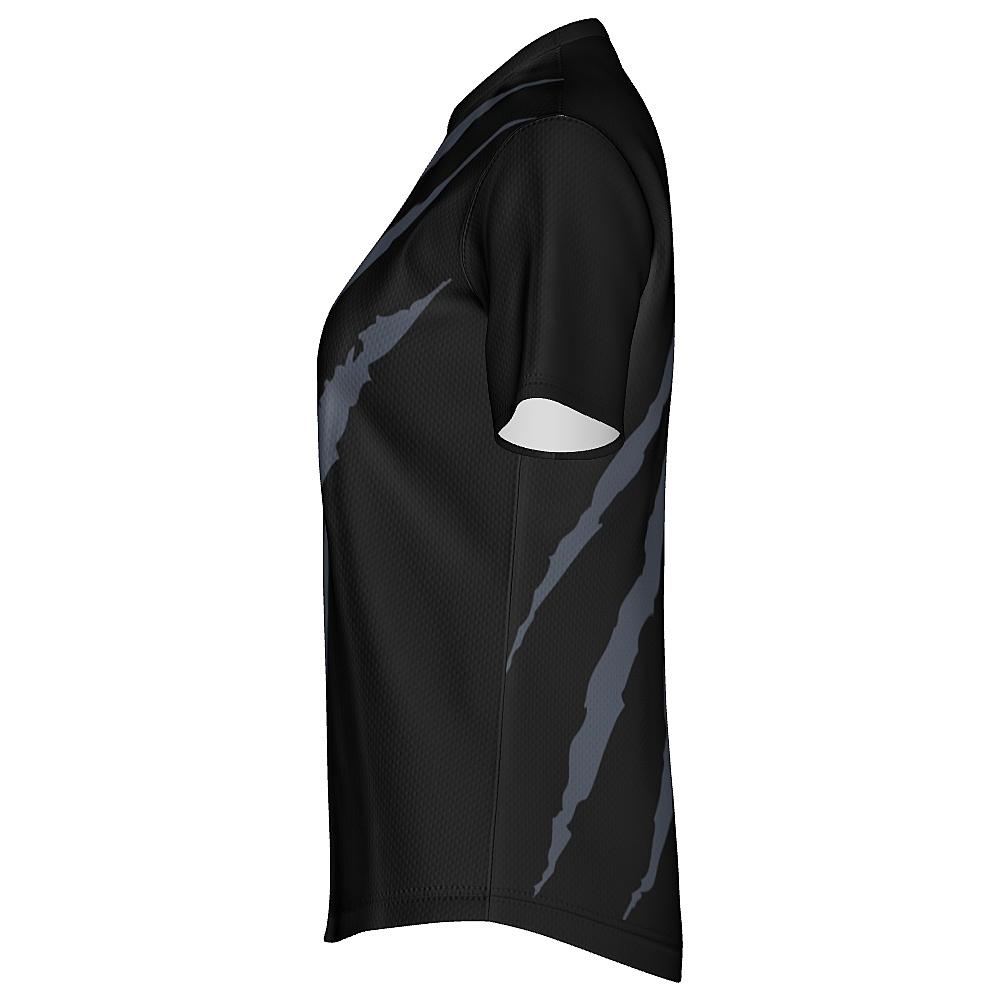 Black shirt with grey claw-mark design on a white background