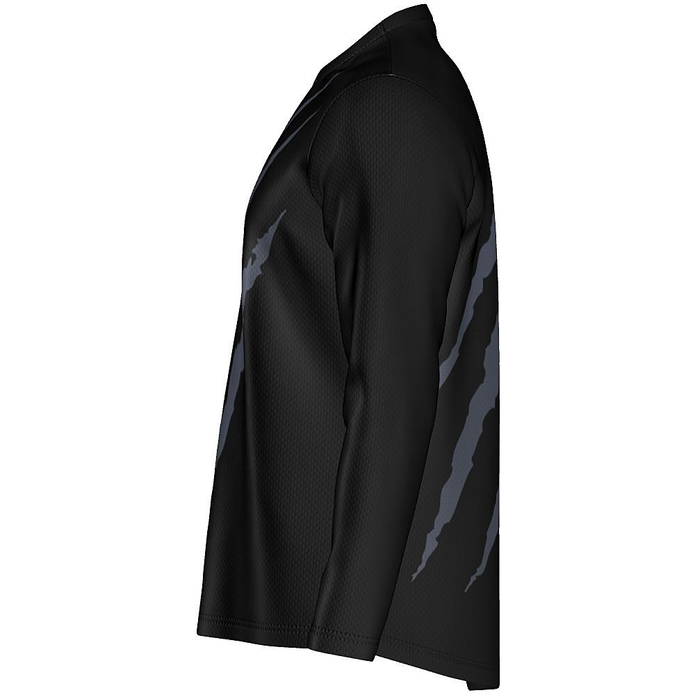 Black long-sleeve shirt with grey claw-mark design on a white background