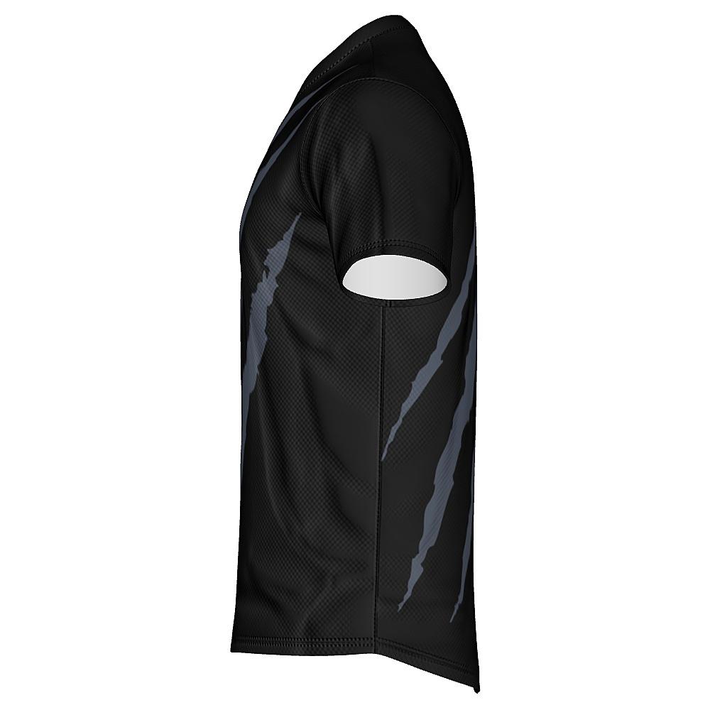 Black shirt with grey claw-mark design on a white background