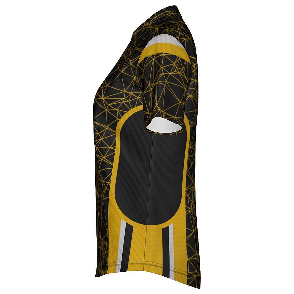 Black shirt with yellow geometric design on a white background