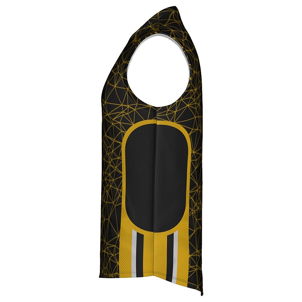 Black sleeveless shirt with yellow geometric design on a white background