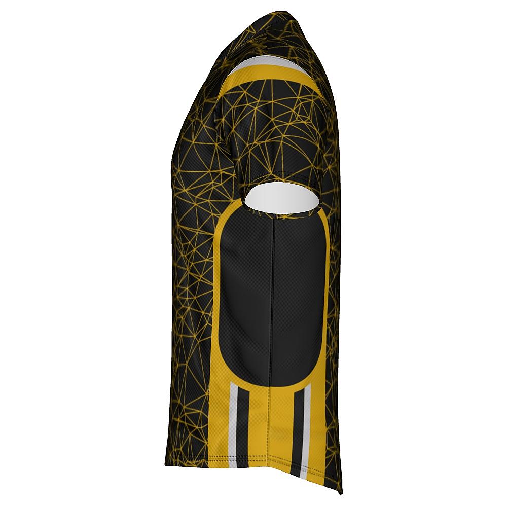 Black shirt with yellow geometric design on a white background