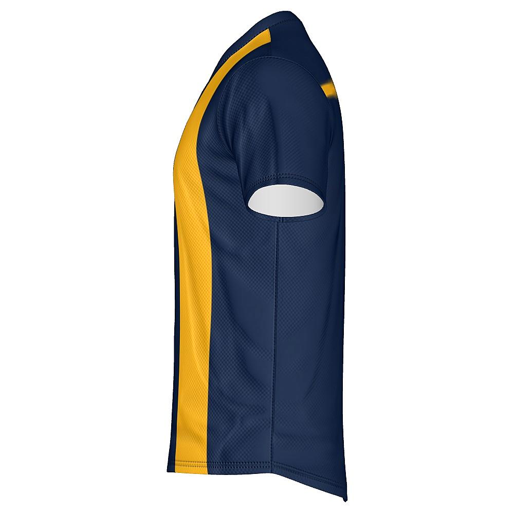 Navy shirt with yellow stripes on a white background