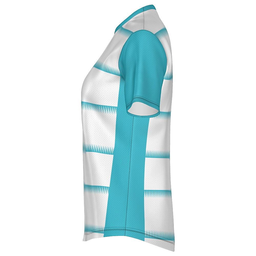 White shirt with teal sleeves and sawtooth stripes
