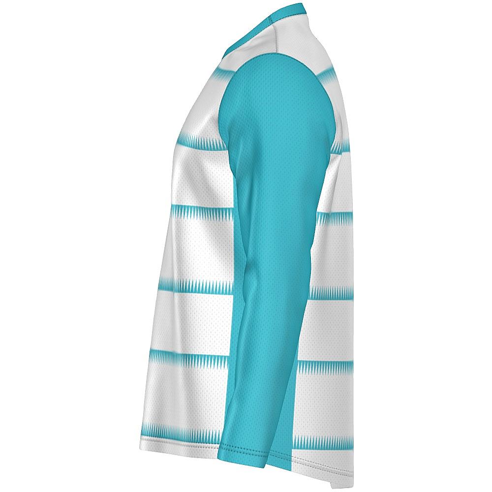White long-sleeve shirt with teal sleeves and sawtooth stripes
