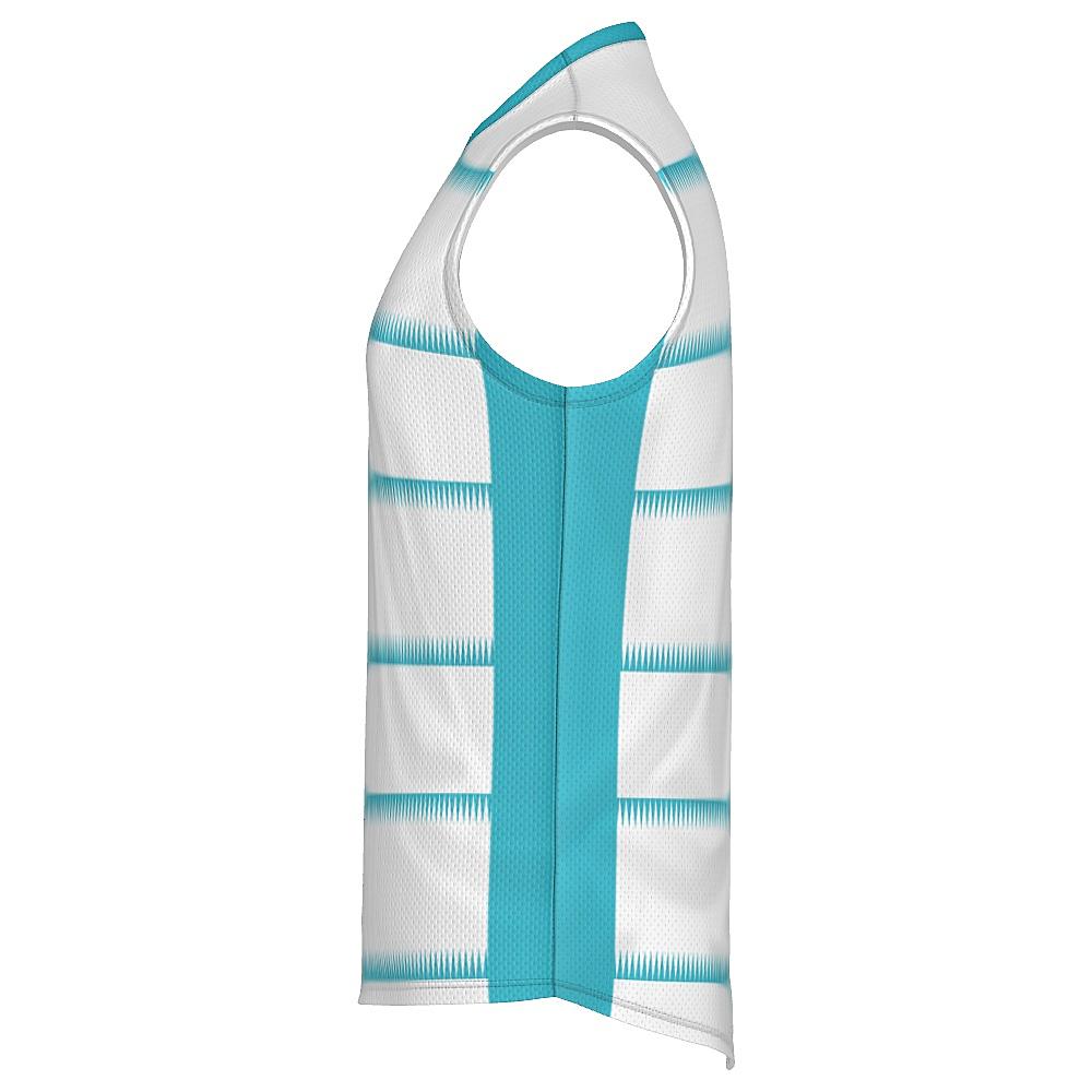 White sleeveless shirt with teal sleeves and sawtooth stripes