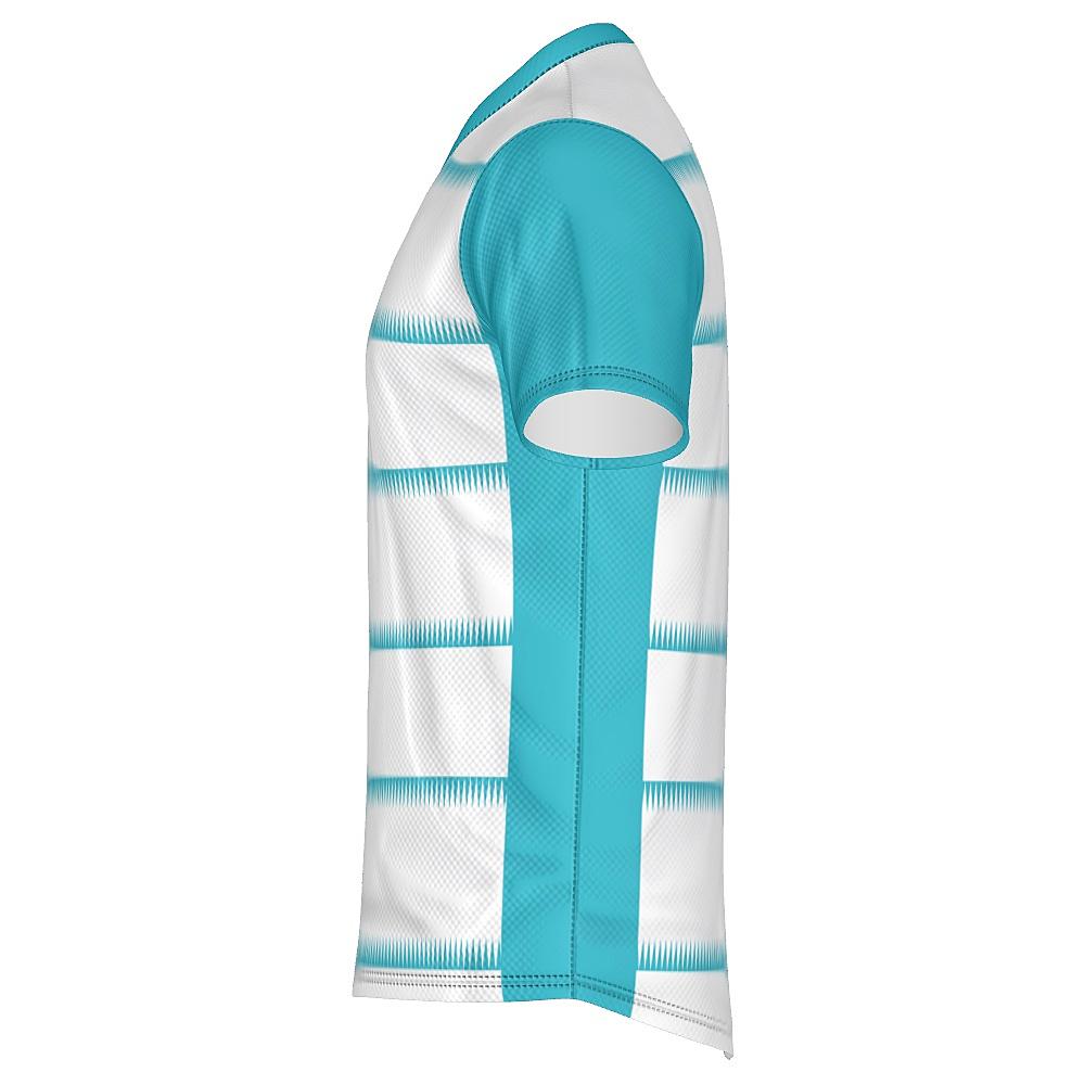 White shirt with teal sleeves and sawtooth stripes